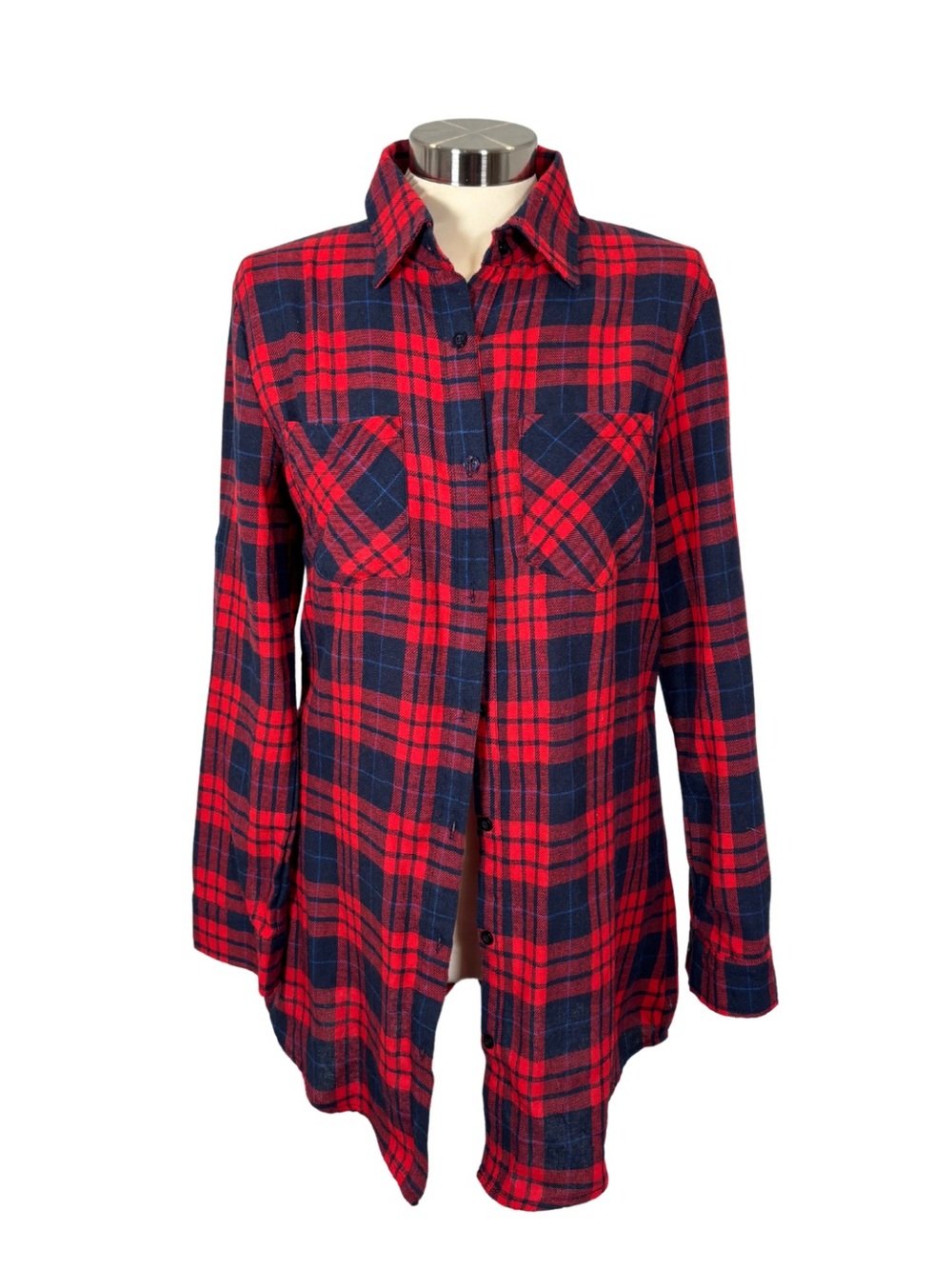 Women’s Red and Navy Plaid Button-Down Shirt